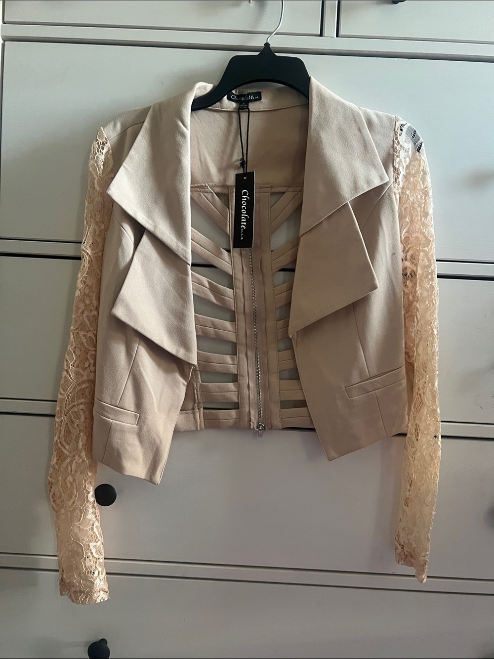 Chocolate Beige Lace Sleeve Cropped Blazer